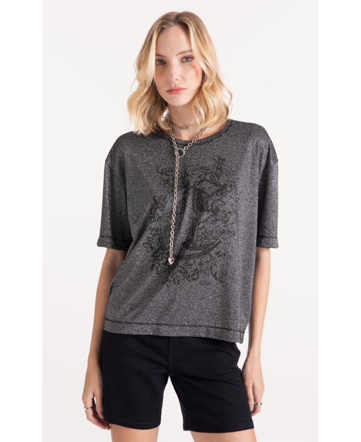 Blusa Lurex Stripe Brasão Loose Preto