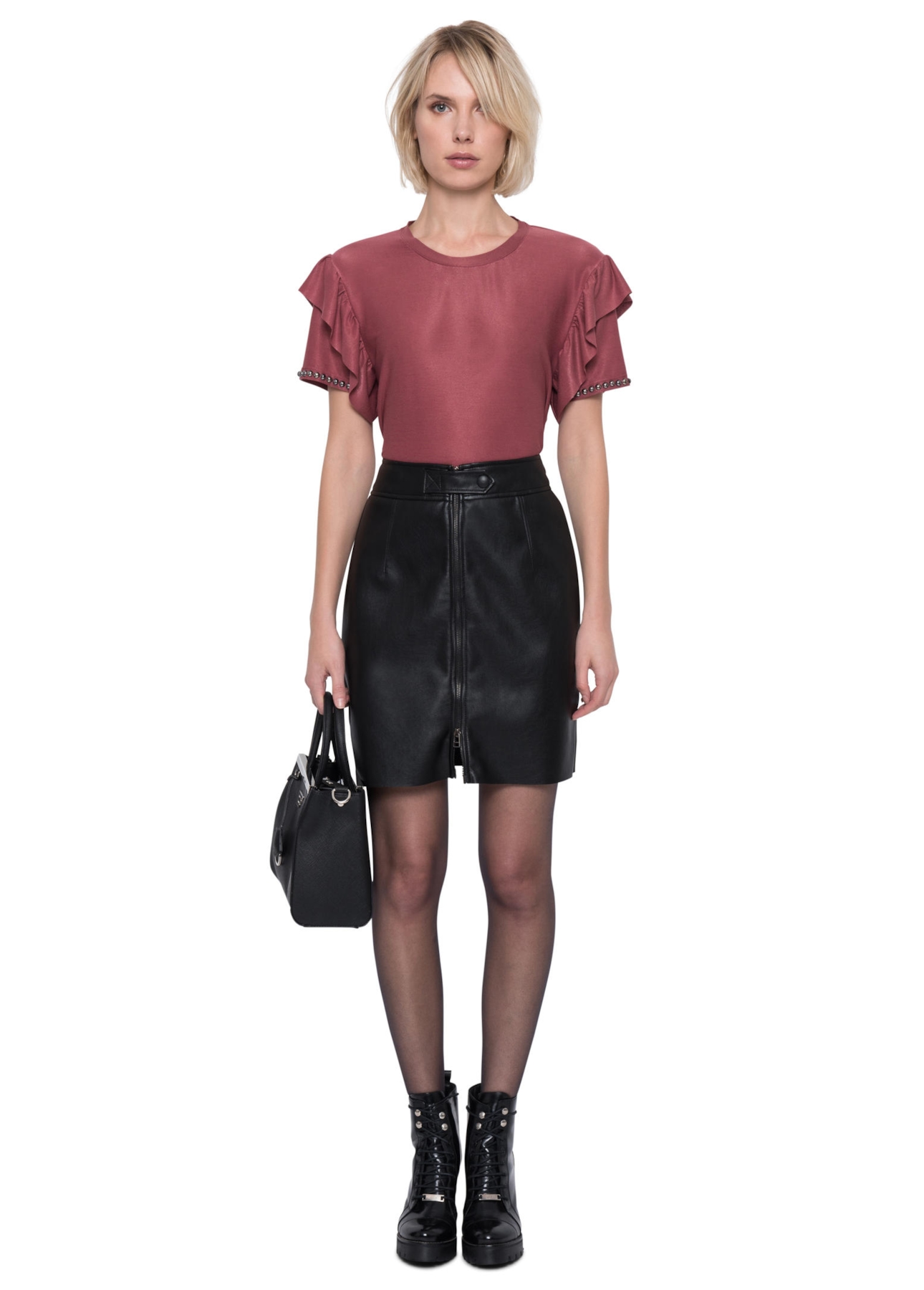 Blusa Malha Cool Jersey Embroidery Ruffle Mc Bordeaux