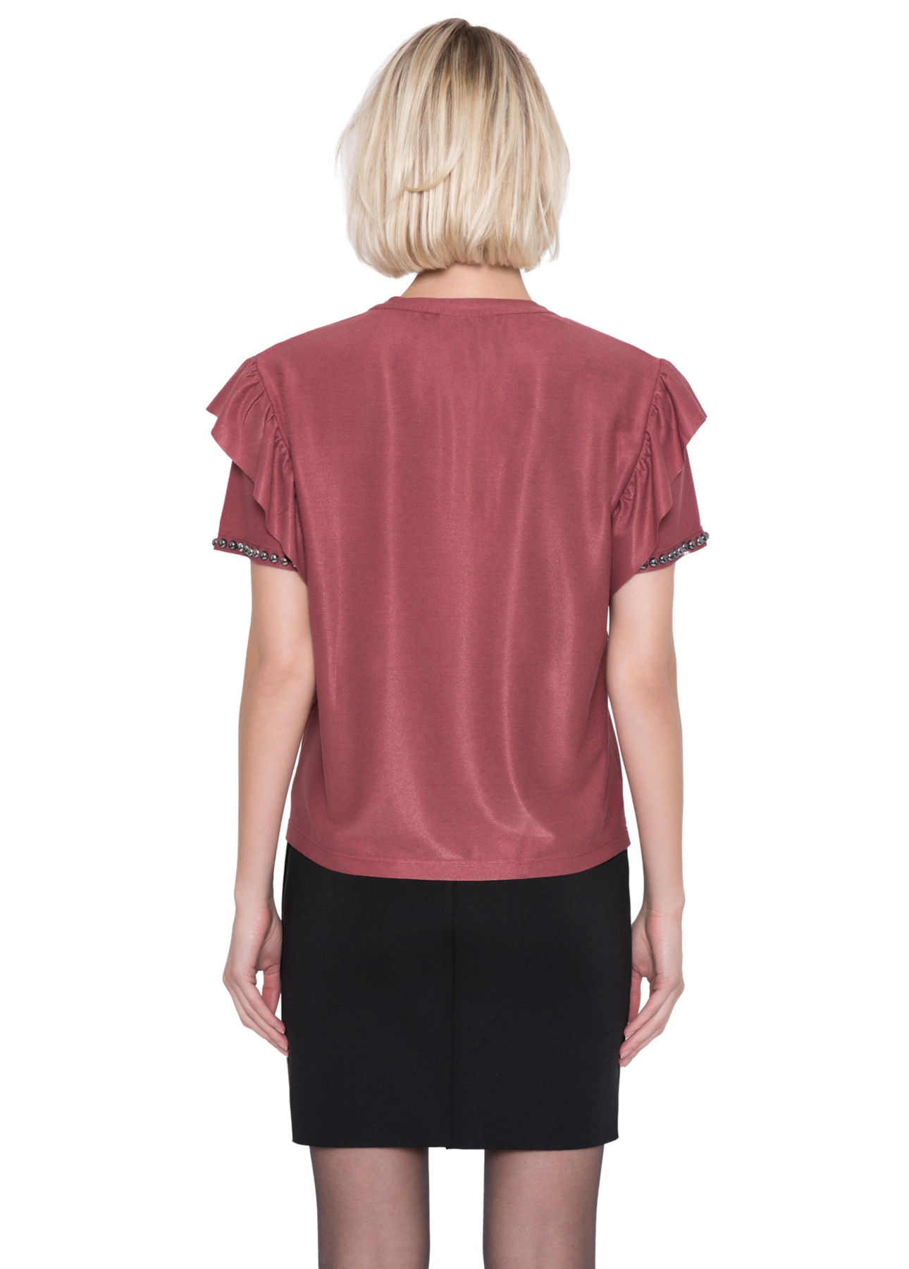 Blusa Malha Cool Jersey Embroidery Ruffle Mc Bordeaux