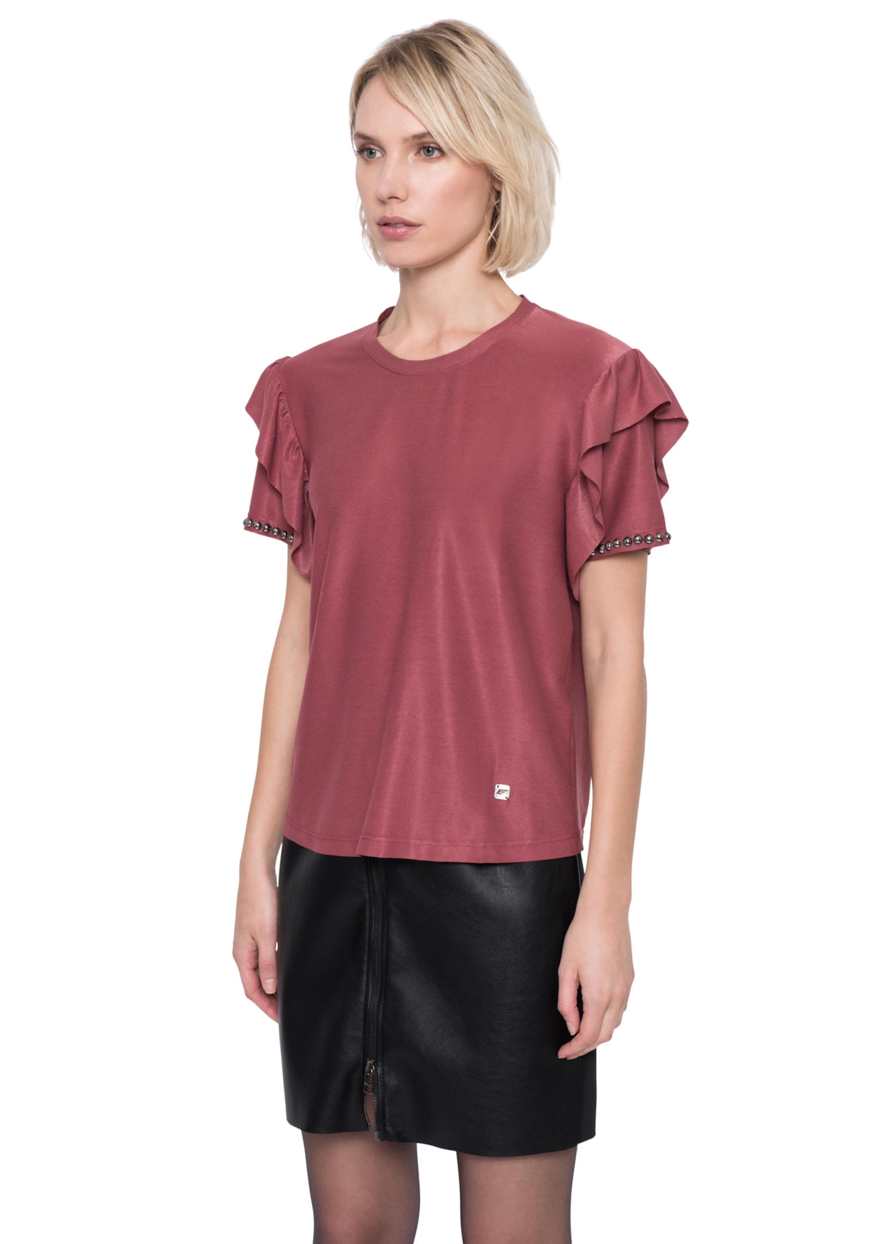 Blusa Malha Cool Jersey Embroidery Ruffle Mc Bordeaux
