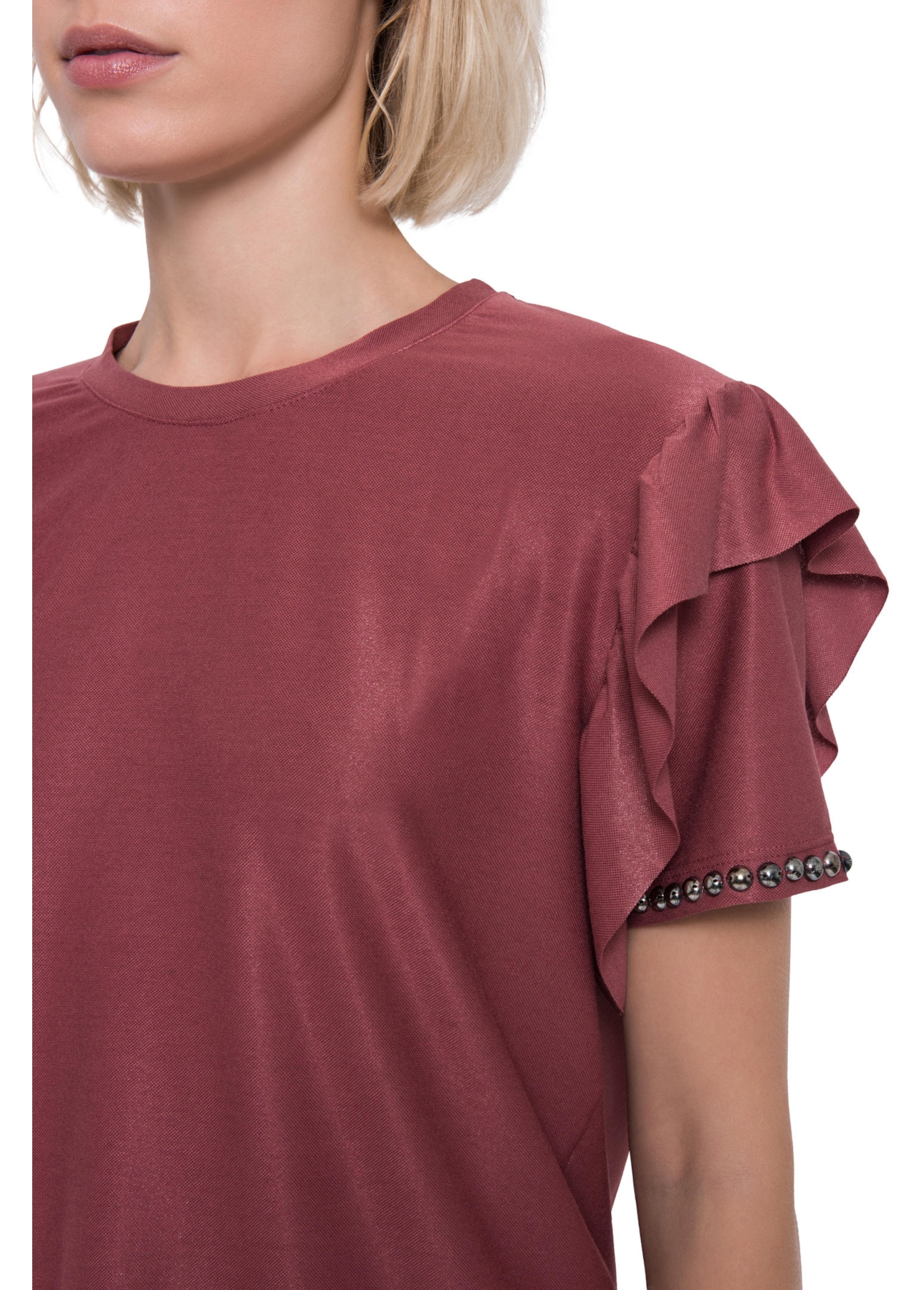 Blusa Malha Cool Jersey Embroidery Ruffle Mc Bordeaux
