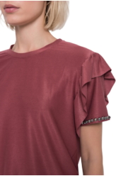 Blusa Malha Cool Jersey Embroidery Ruffle Mc Bordeaux