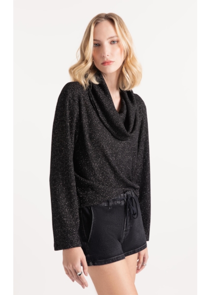 Blusa Metalic High Neck Boxy Sweater Preto