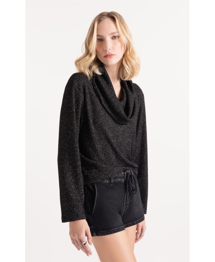 Blusa Metalic High Neck Boxy Sweater Preto