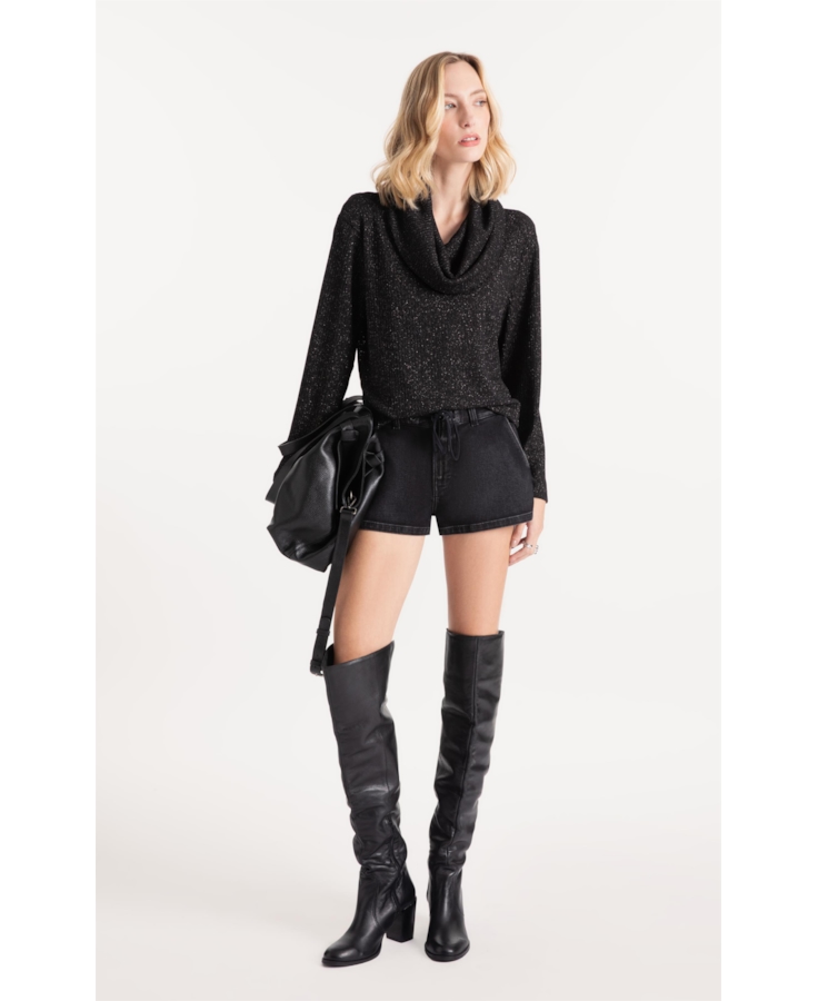 Blusa Metalic High Neck Boxy Sweater Preto