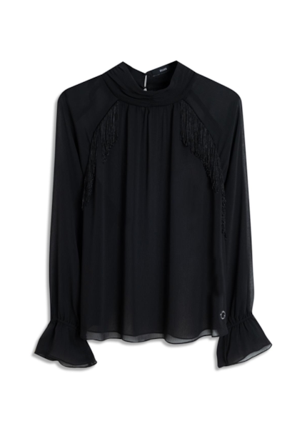 Blusa Microchiffon Fringe High Neck Preto