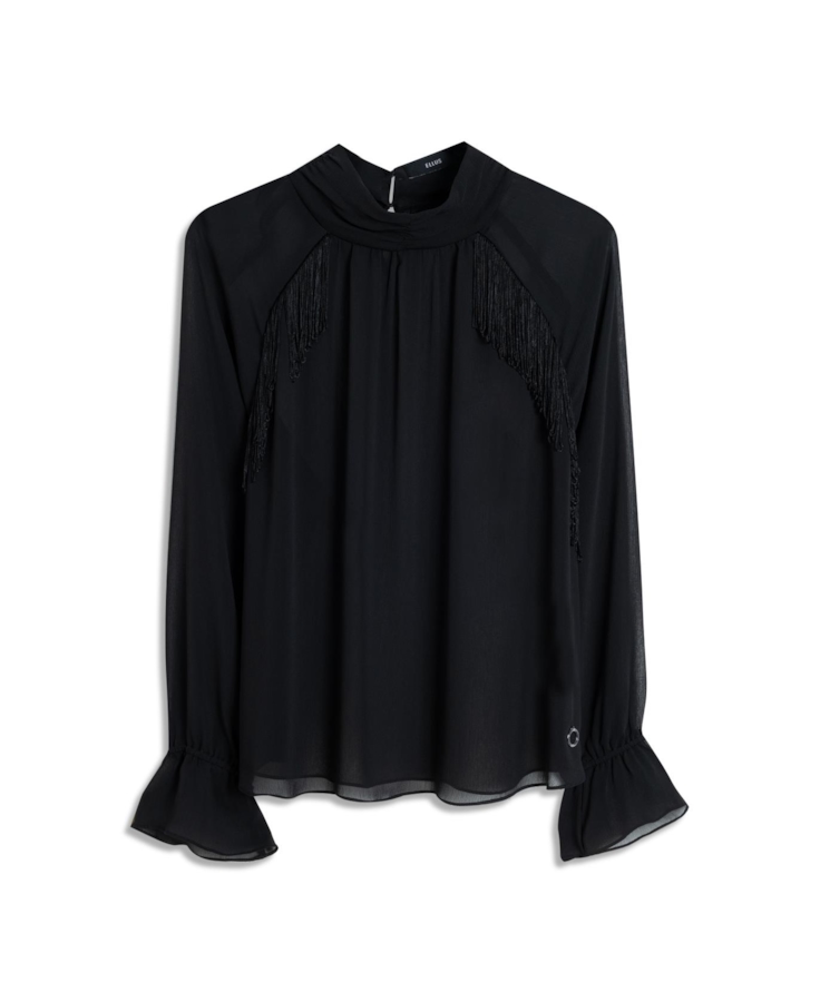 Blusa Microchiffon Fringe High Neck Preto