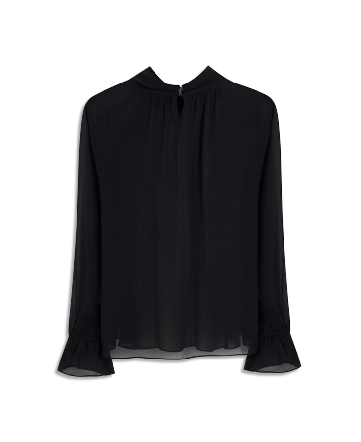 Blusa Microchiffon Fringe High Neck Preto