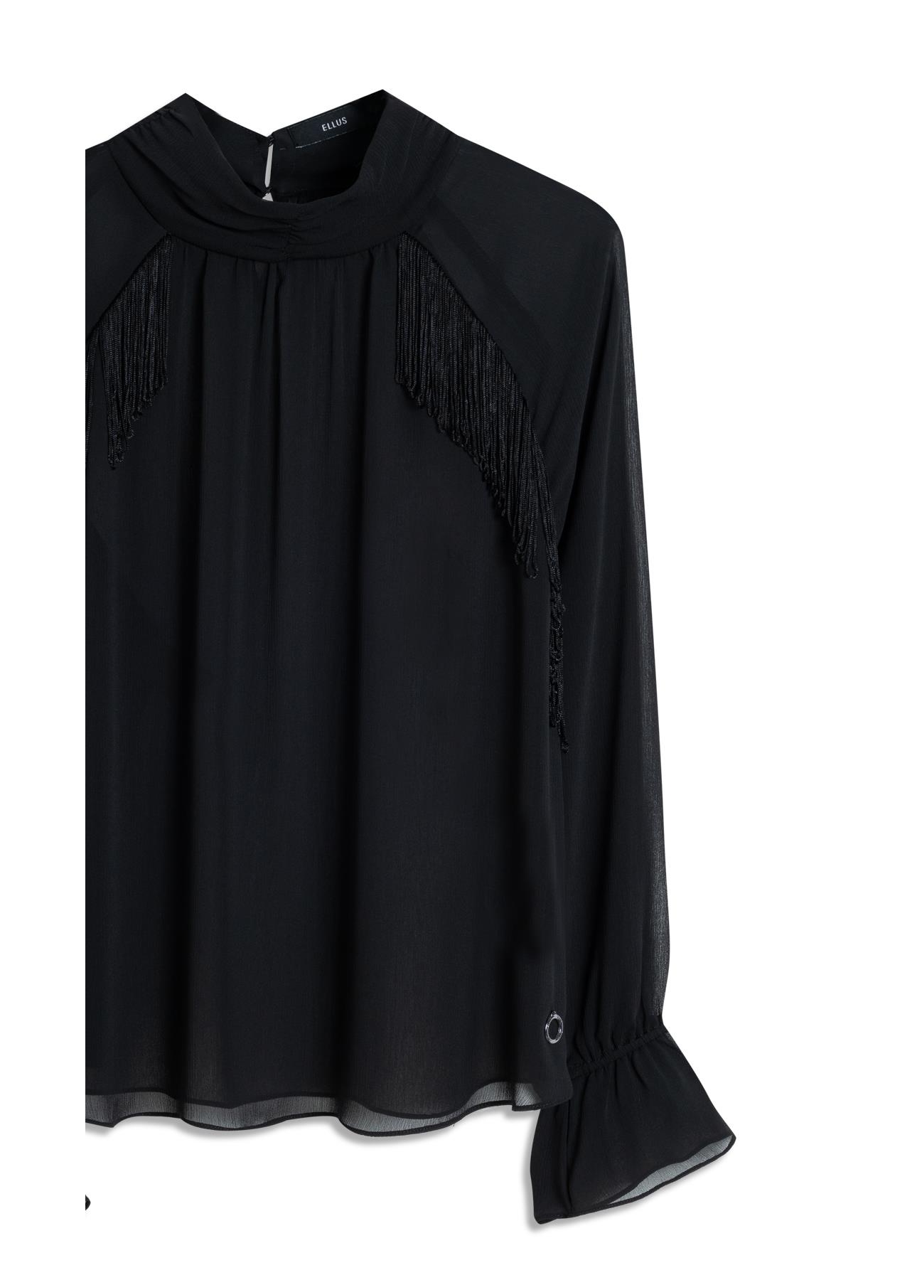 Blusa Microchiffon Fringe High Neck Preto
