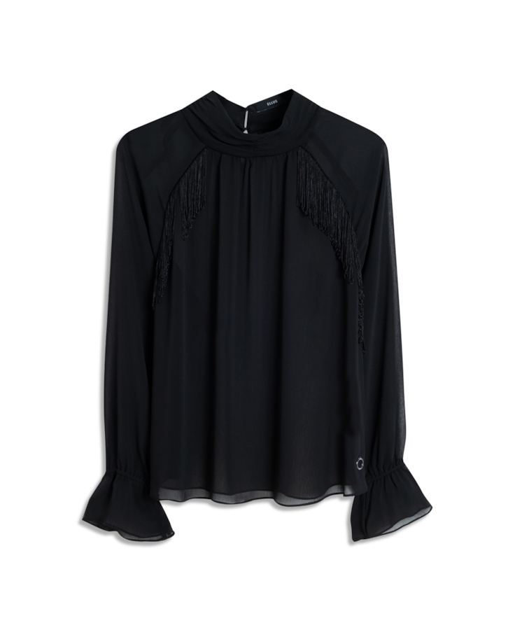 Blusa Microchiffon Fringe High Neck Preto