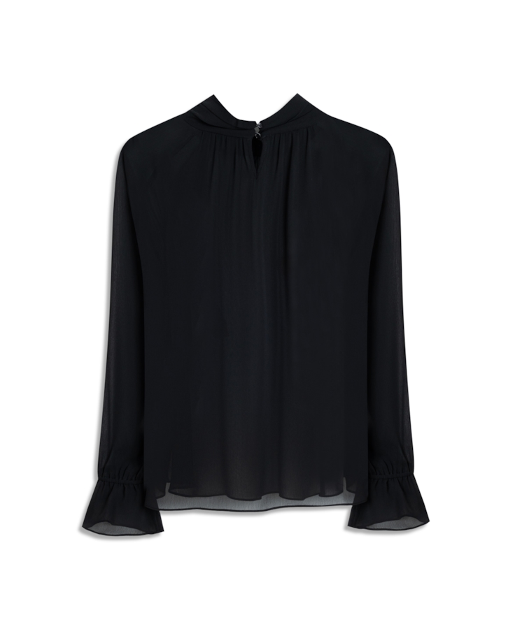 Blusa Microchiffon Fringe High Neck Preto