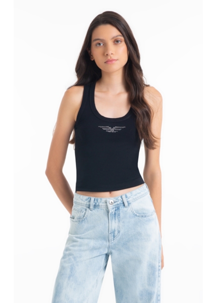 Blusa Regata Rib Easa Mirror Hotfix Preto
