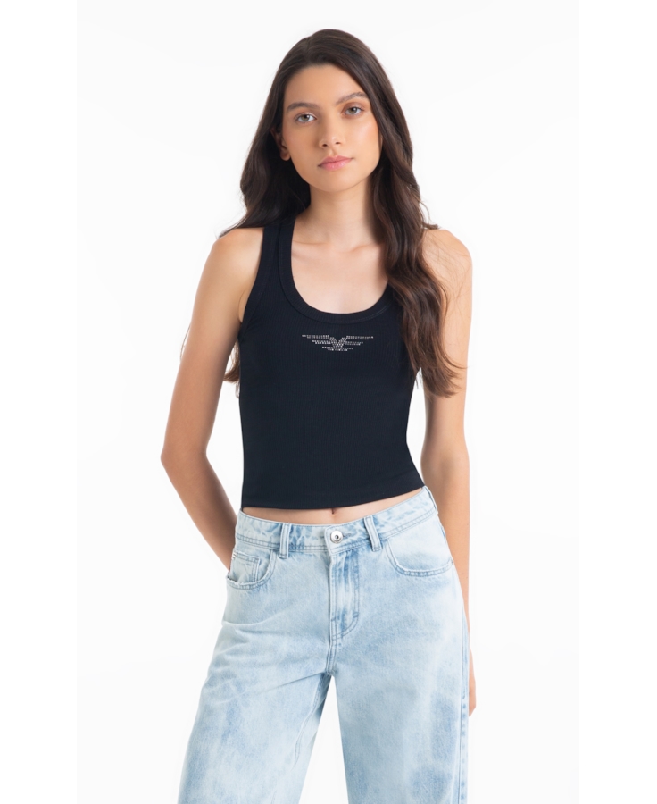 Blusa Regata Rib Easa Mirror Hotfix Preto