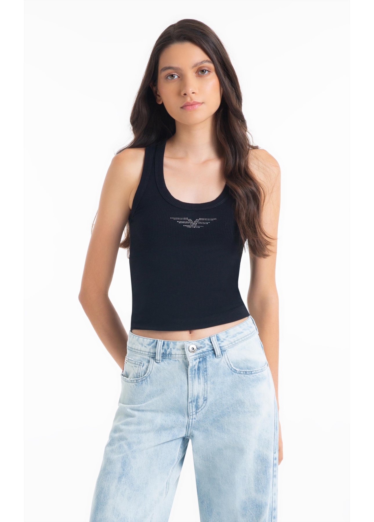 Blusa Regata Rib Easa Mirror Hotfix Preto
