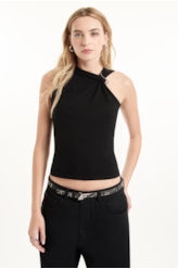 Blusa Rib Draped Piercing Preto