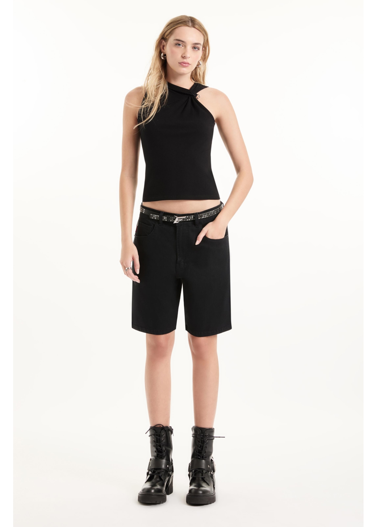 Blusa Rib Draped Piercing Preto