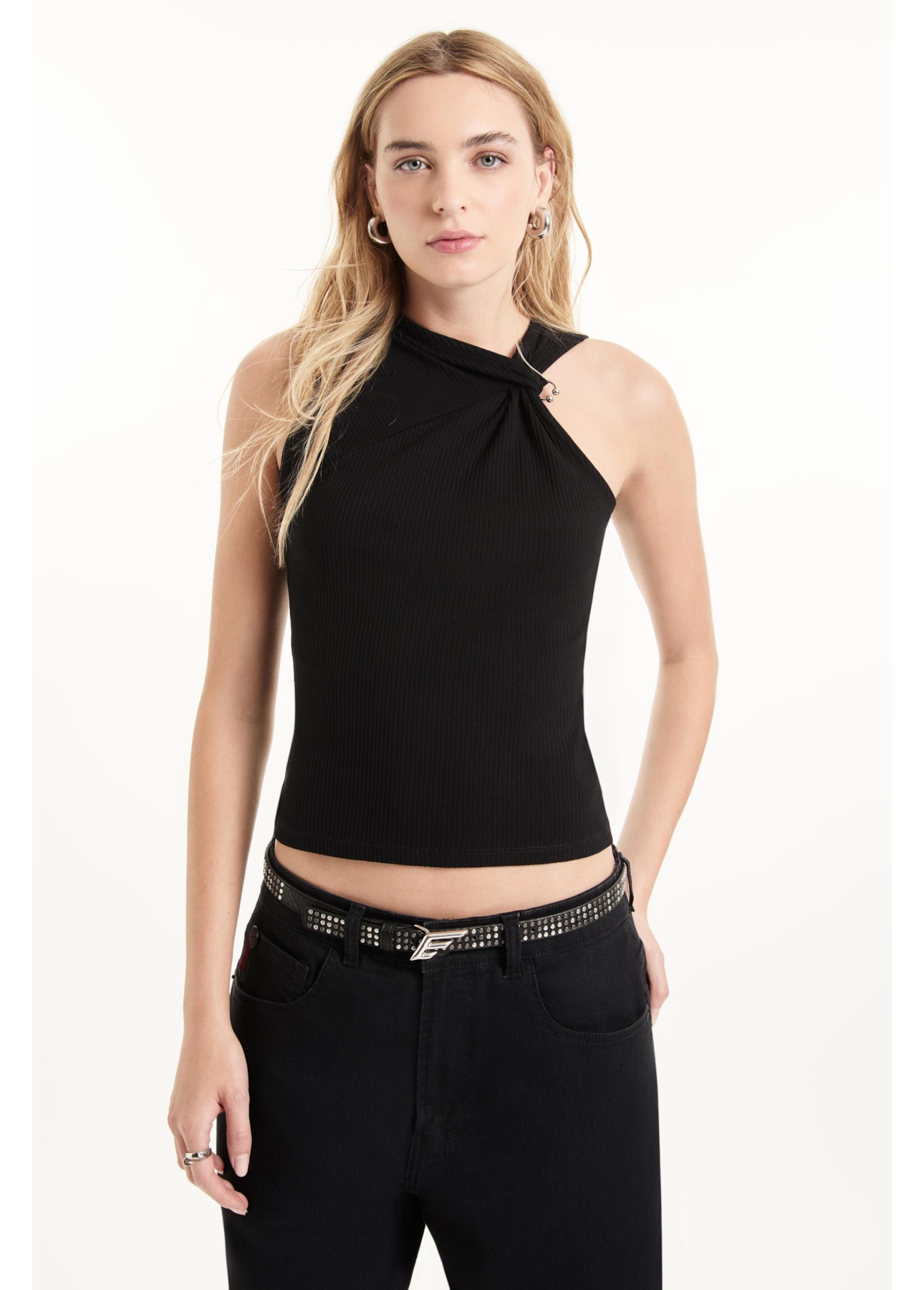 Blusa Rib Draped Piercing Preto