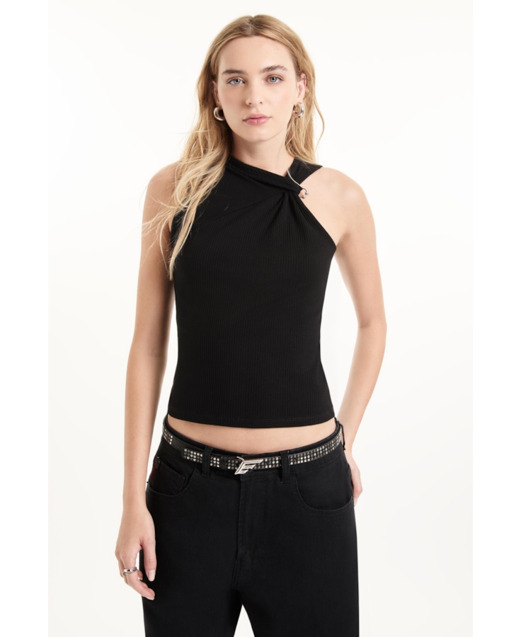 Blusa Rib Draped Piercing Preto