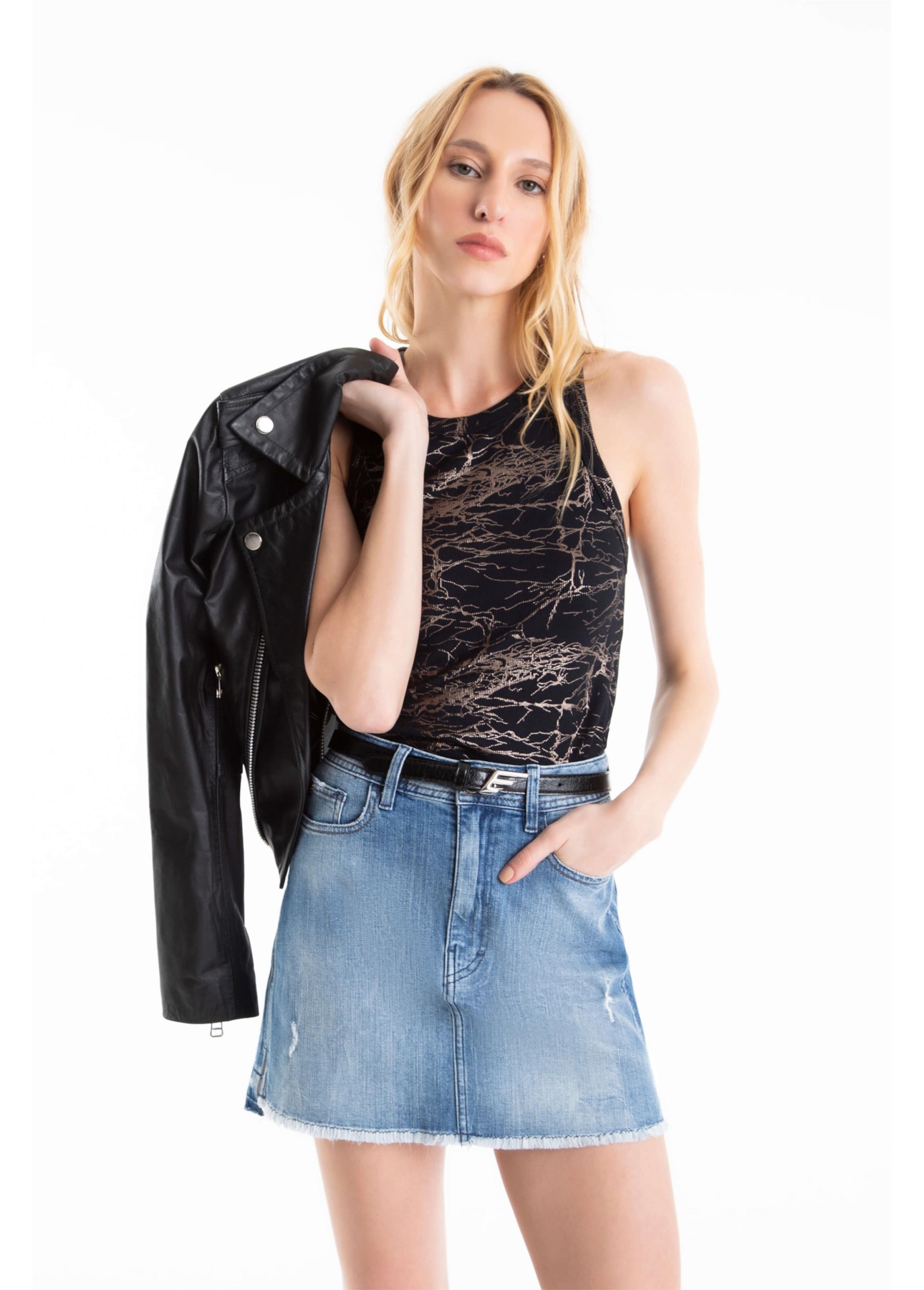 Blusa Rib Metallic Foil Sleeveless Preto