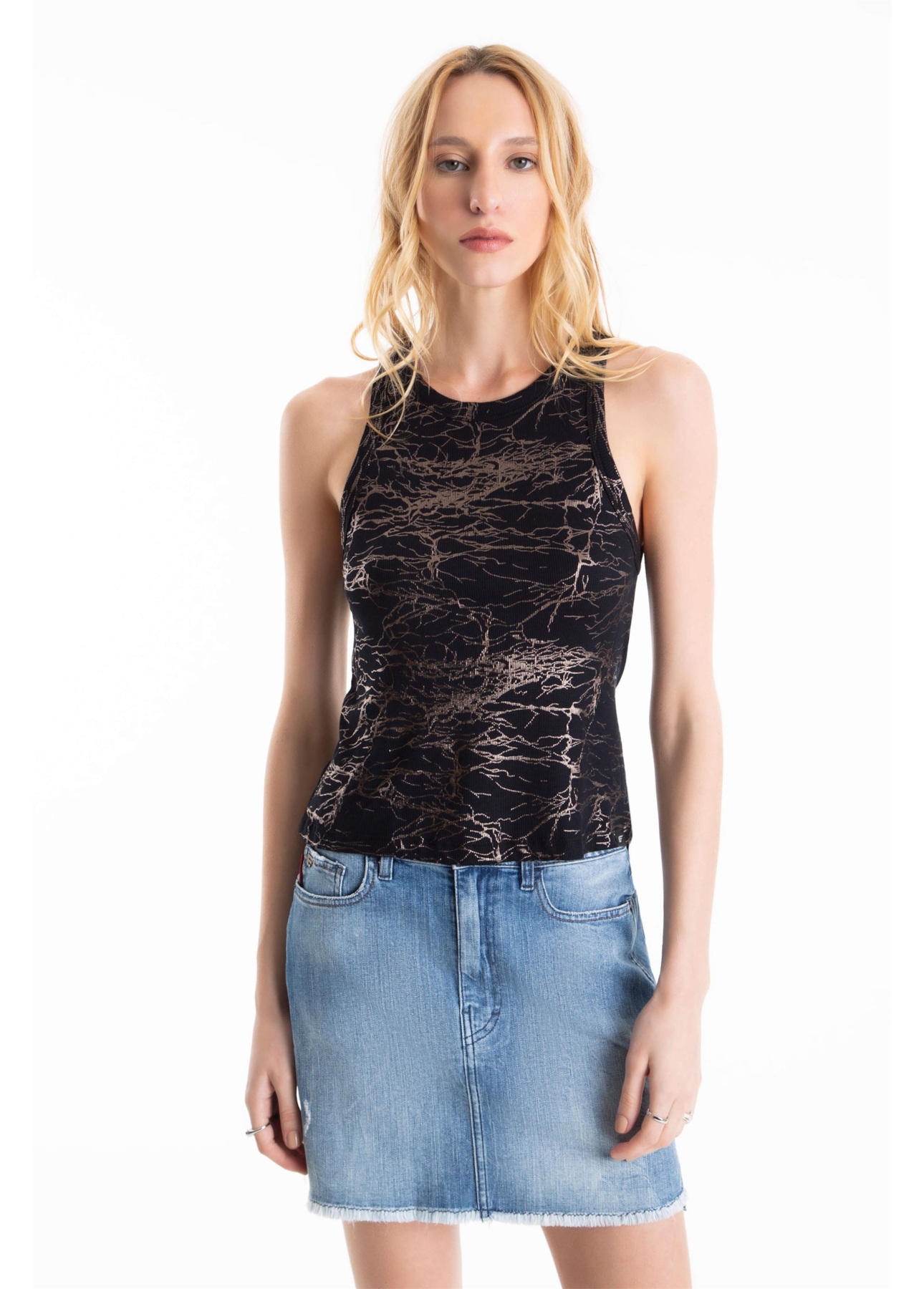 Blusa Rib Metallic Foil Sleeveless Preto
