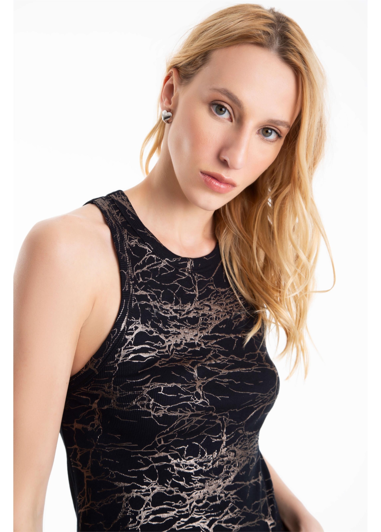 Blusa Rib Metallic Foil Sleeveless Preto