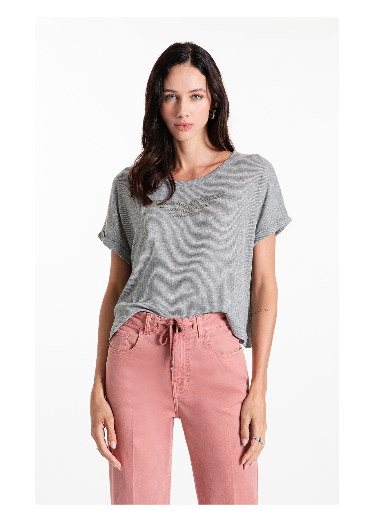 Blusa Rib Viscose Easa Mirror Hotfix Cinza Mescla