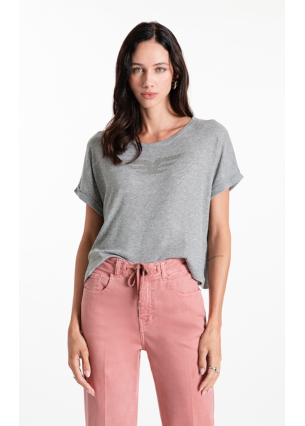 Blusa Rib Viscose Easa Mirror Hotfix Cinza Mescla