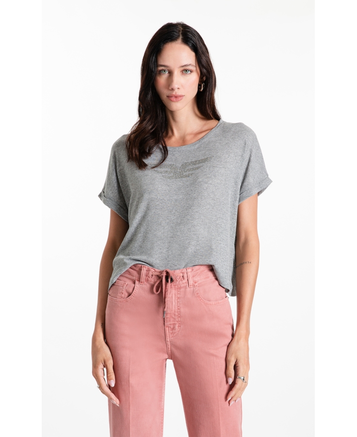 Blusa Rib Viscose Easa Mirror Hotfix Cinza Mescla