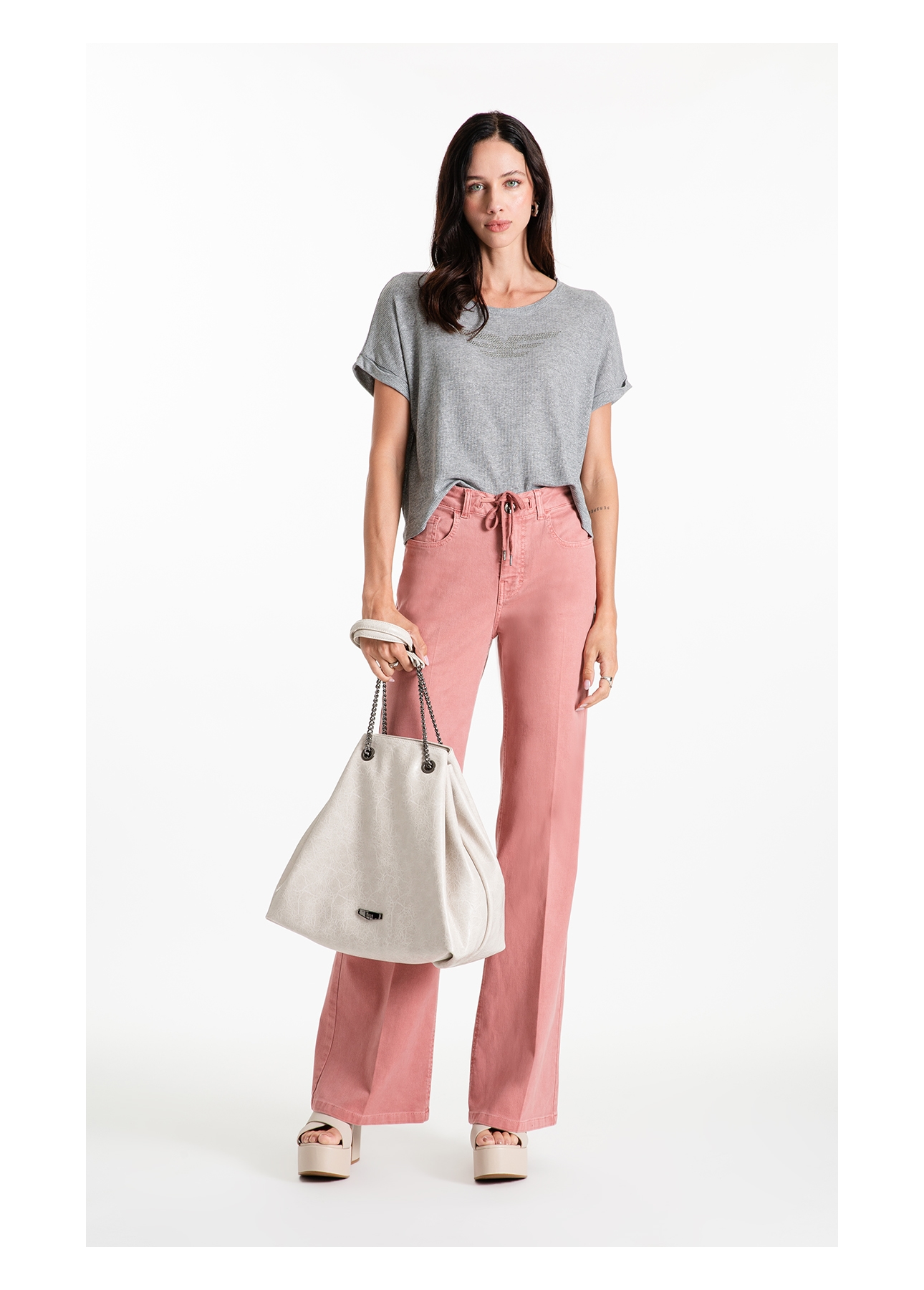 Blusa Rib Viscose Easa Mirror Hotfix Cinza Mescla