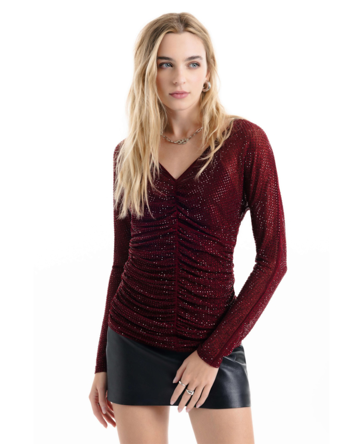 Blusa Shine Hotfix Ruching Vinho