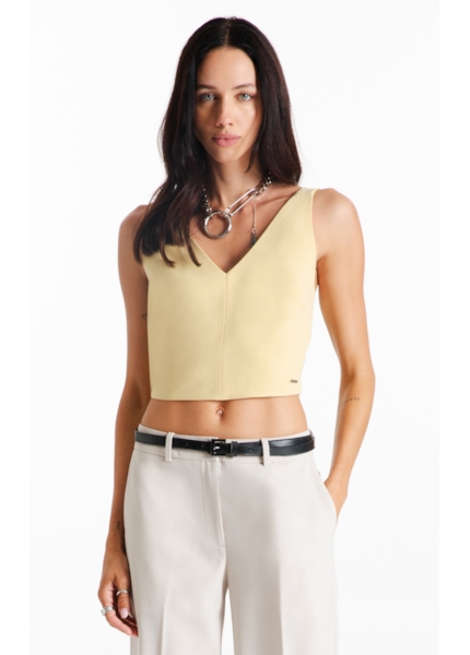 Blusa Tailoring v Neckline Cropped Trigo