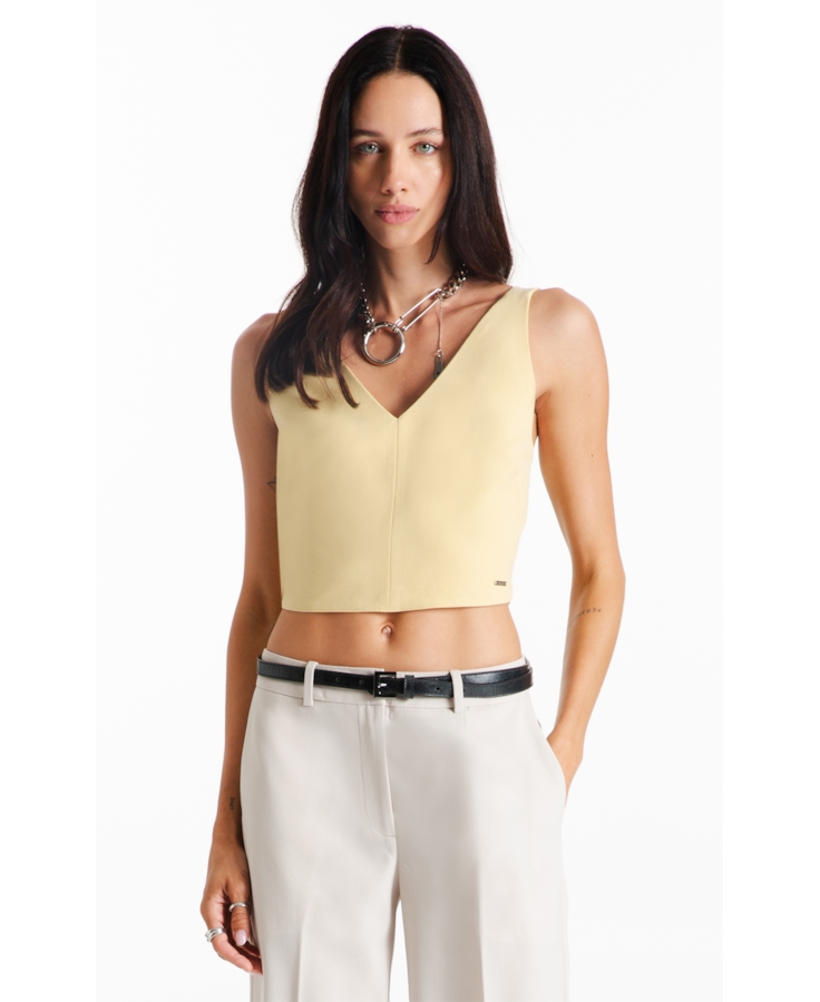 Blusa Tailoring v Neckline Cropped Trigo