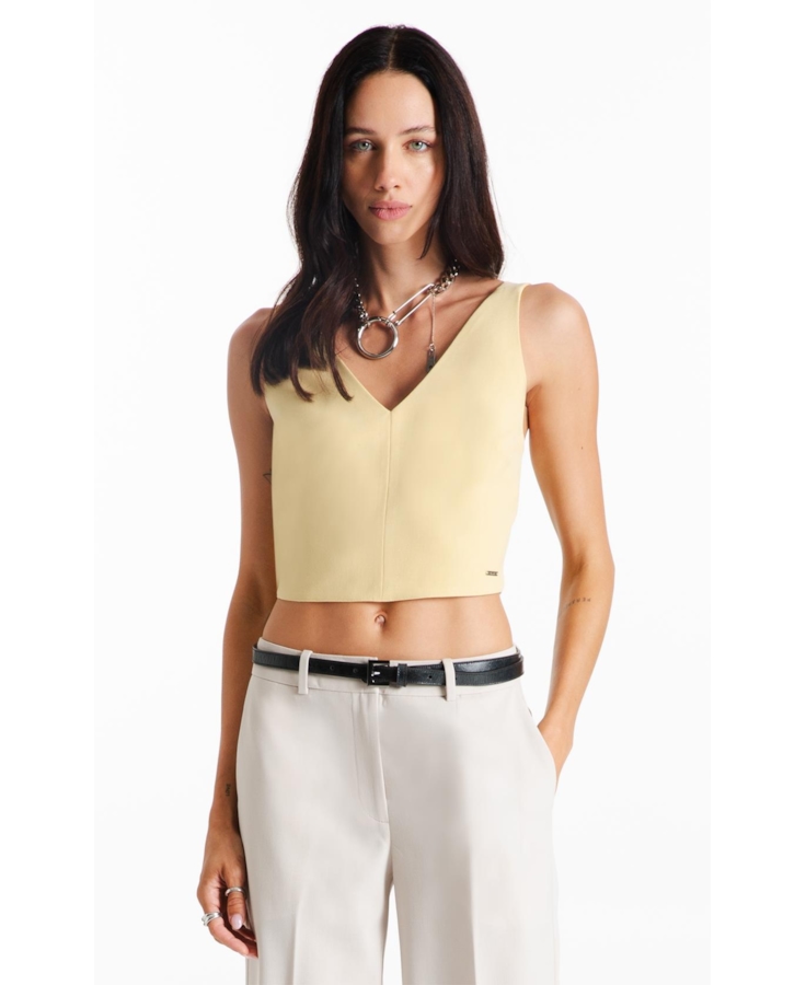 Blusa Tailoring v Neckline Cropped Trigo