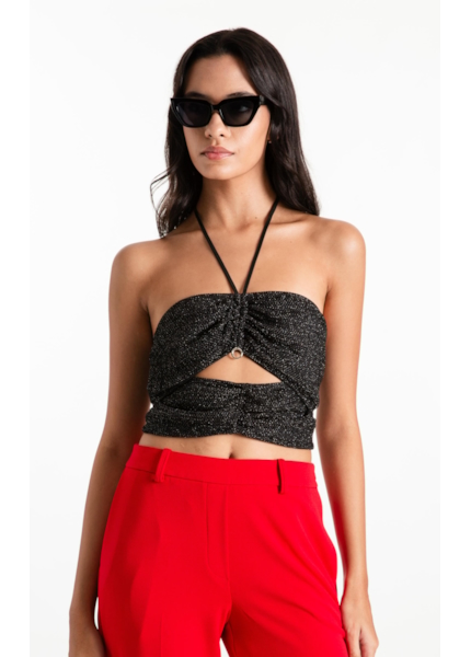 Blusa Top Fancy Net Lux Draped Preto