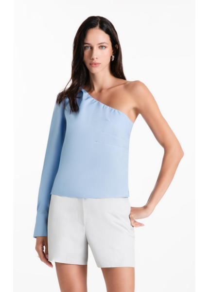 Blusa Tricoline One Shoulder Azul Claro