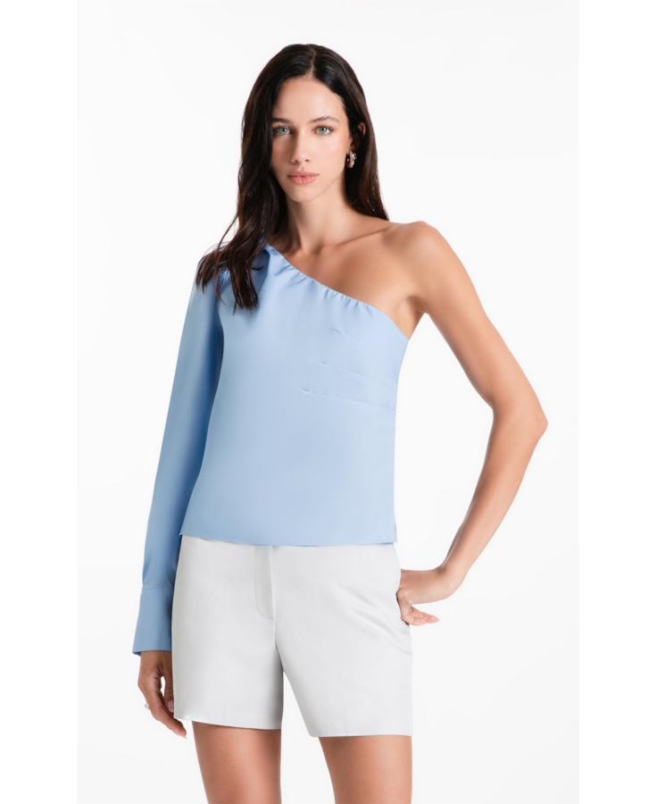 Blusa Tricoline One Shoulder Azul Claro