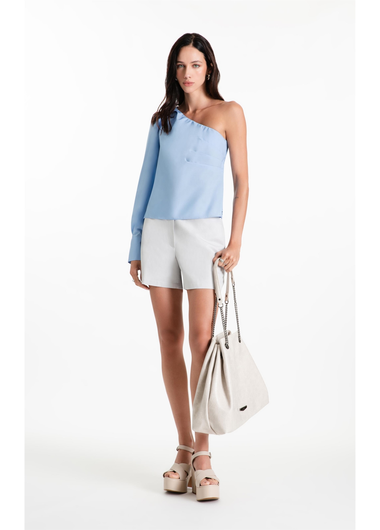 Blusa Tricoline One Shoulder Azul Claro