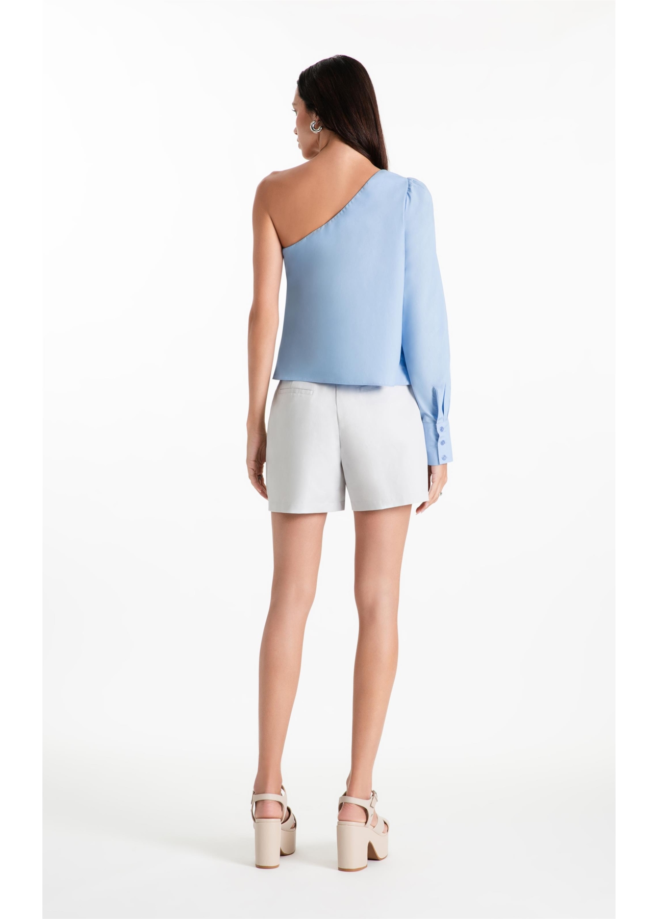 Blusa Tricoline One Shoulder Azul Claro