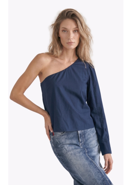 Blusa Tricoline One Shoulder Dark Navy