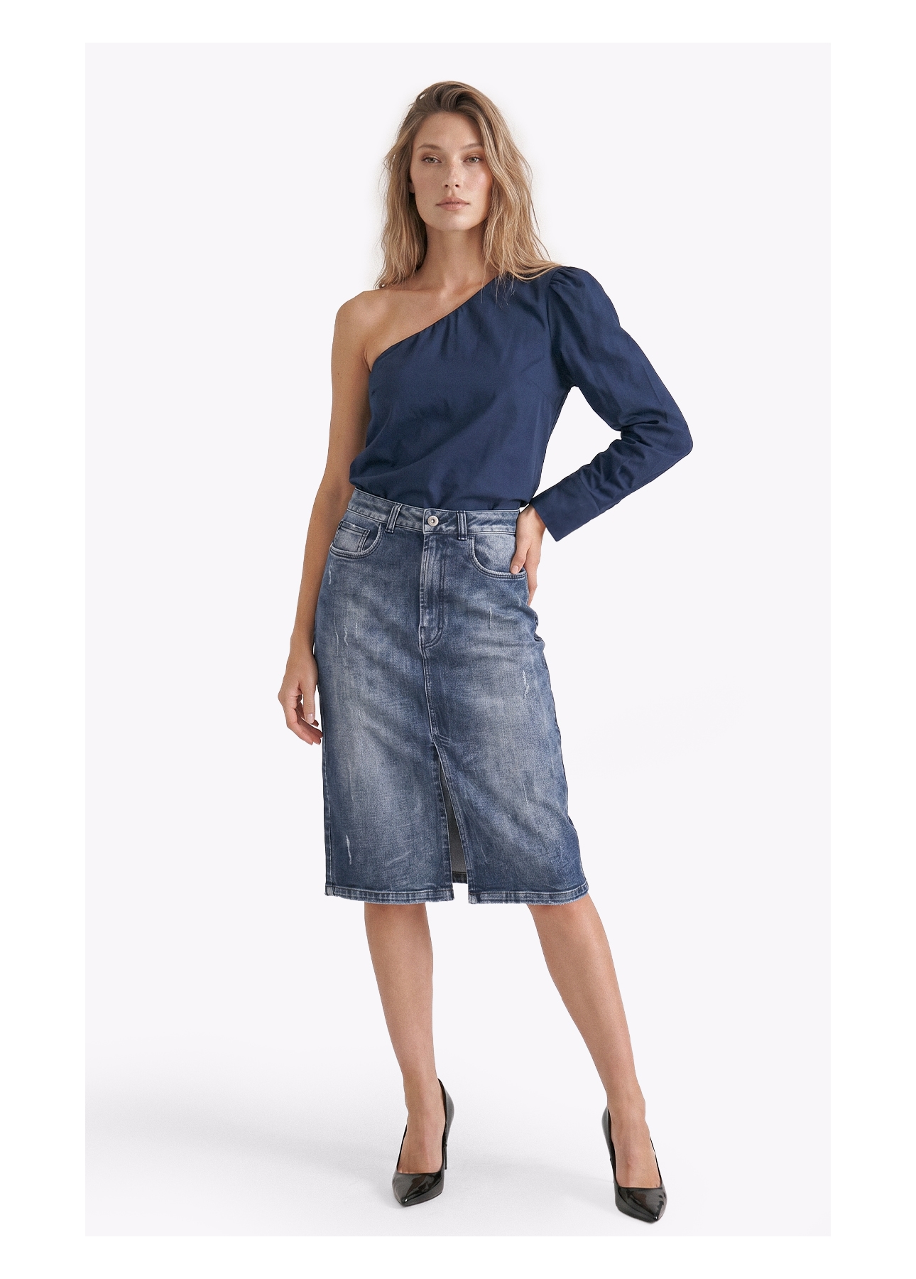 Blusa Tricoline One Shoulder Dark Navy