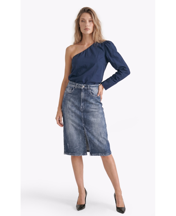 Blusa Tricoline One Shoulder Dark Navy
