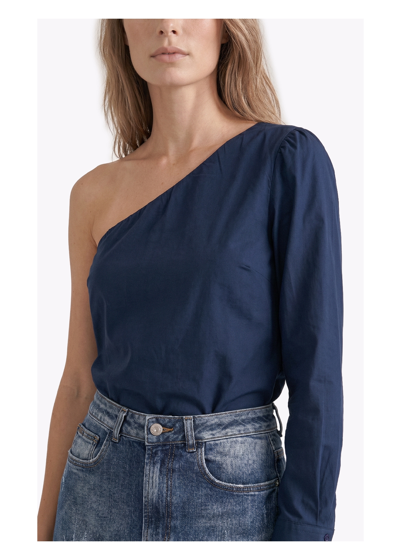 Blusa Tricoline One Shoulder Dark Navy