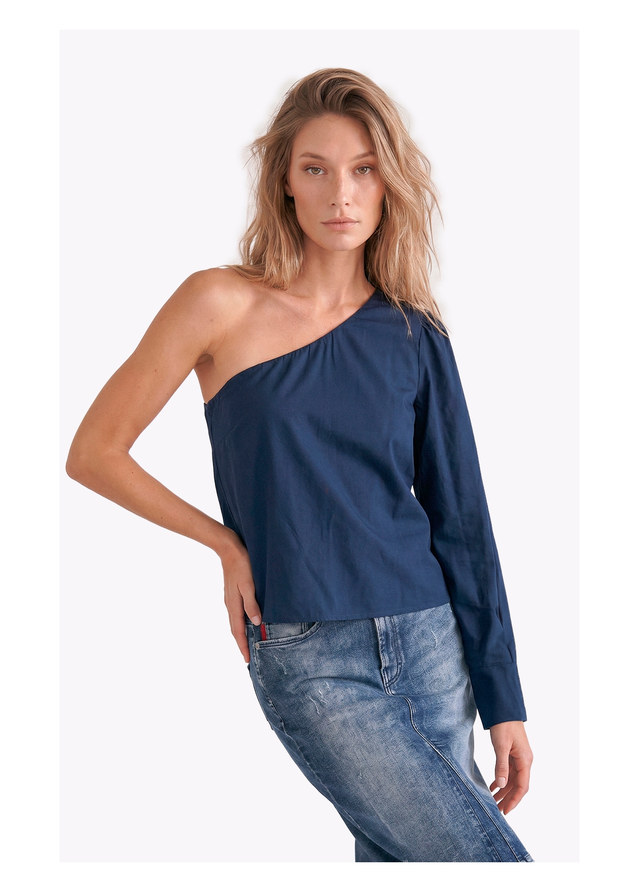 Blusa Tricoline One Shoulder Dark Navy