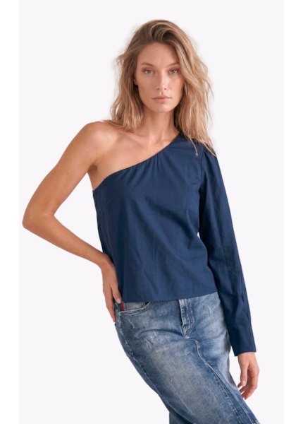 Blusa Tricoline One Shoulder Dark Navy