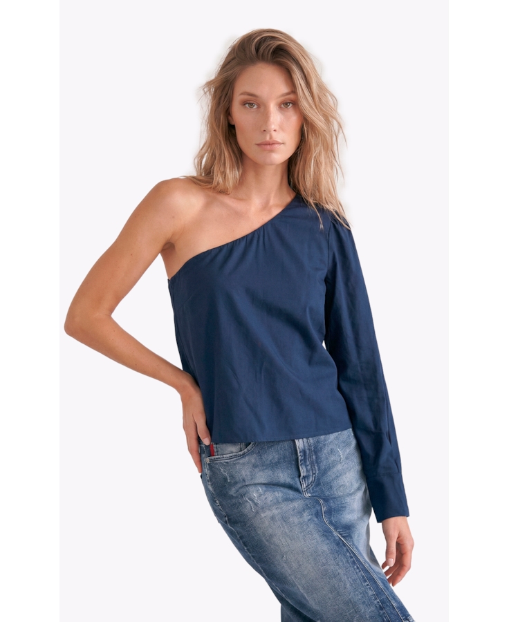 Blusa Tricoline One Shoulder Dark Navy
