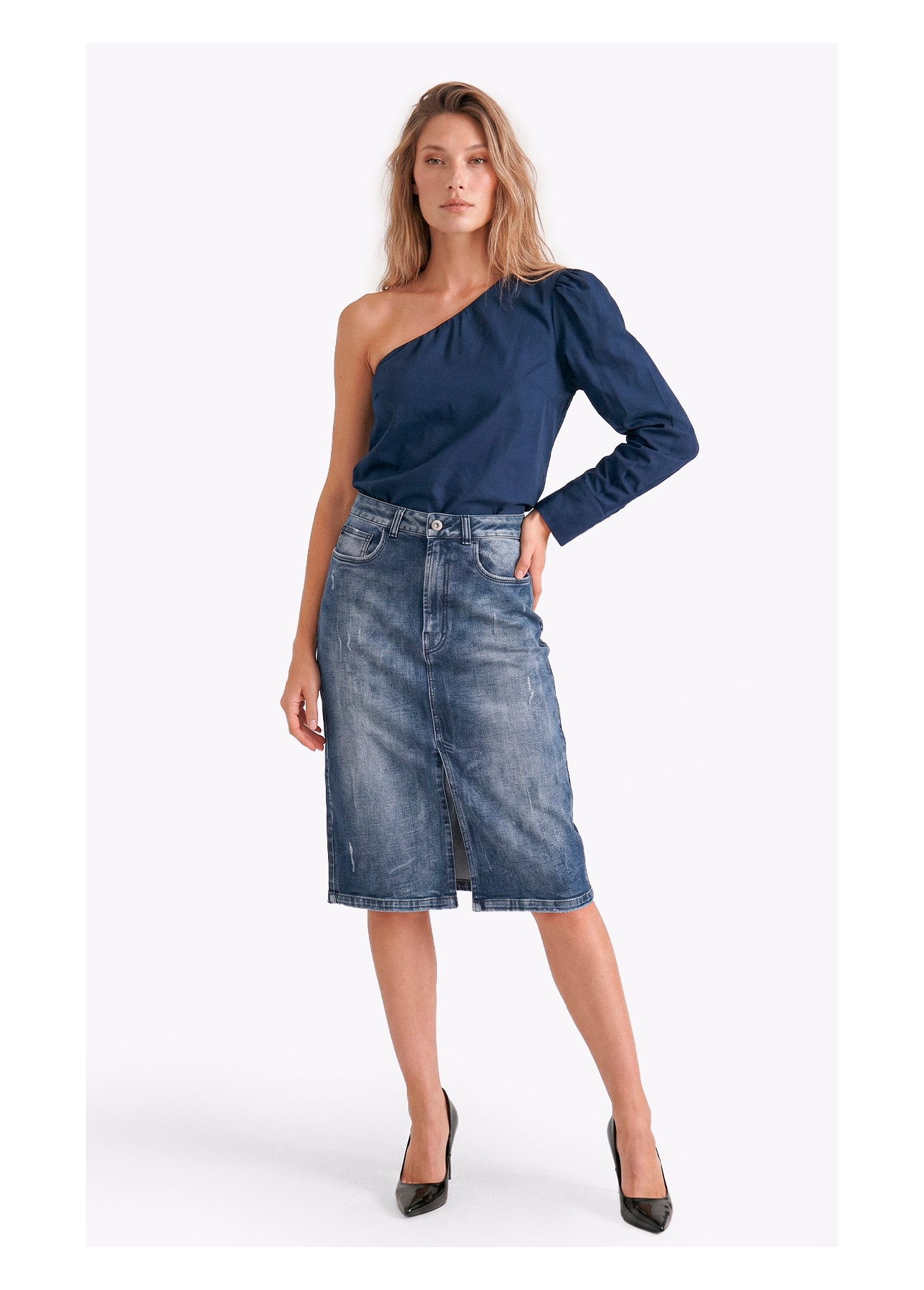 Blusa Tricoline One Shoulder Dark Navy