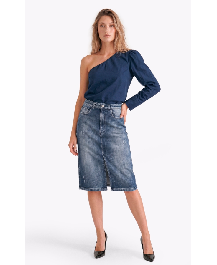 Blusa Tricoline One Shoulder Dark Navy
