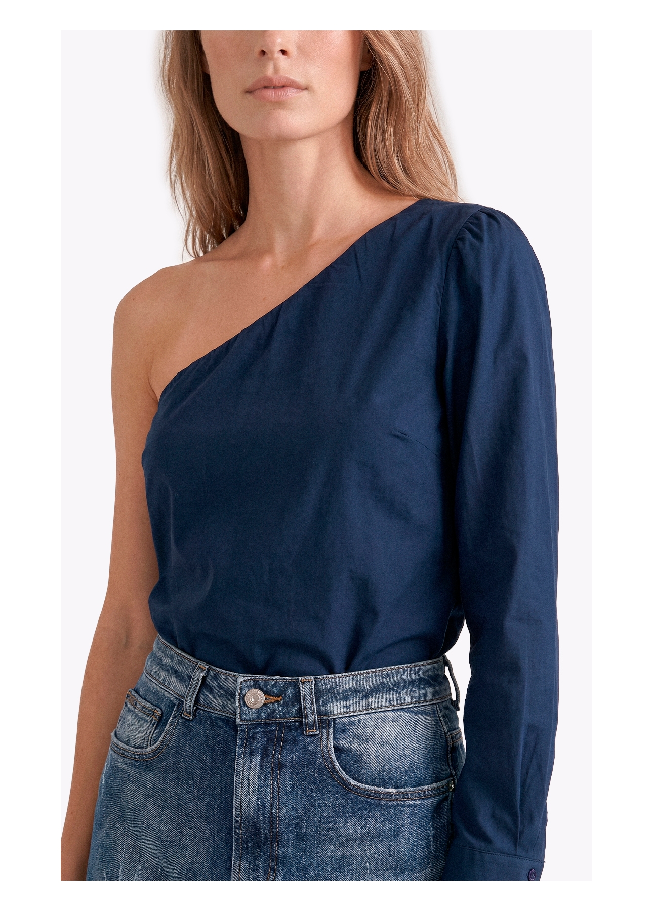 Blusa Tricoline One Shoulder Dark Navy