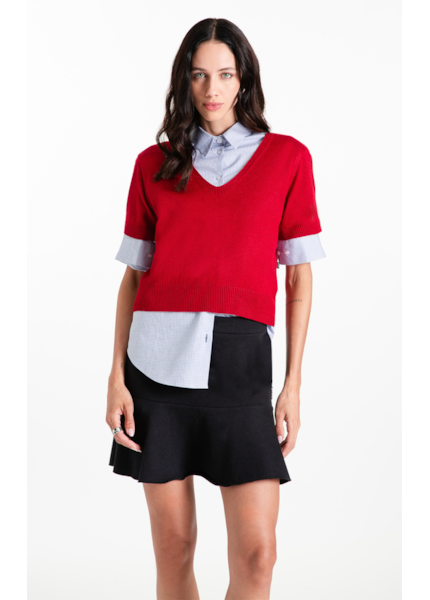 Blusa Tricot Modal Knit Neck Jersey Vermelho