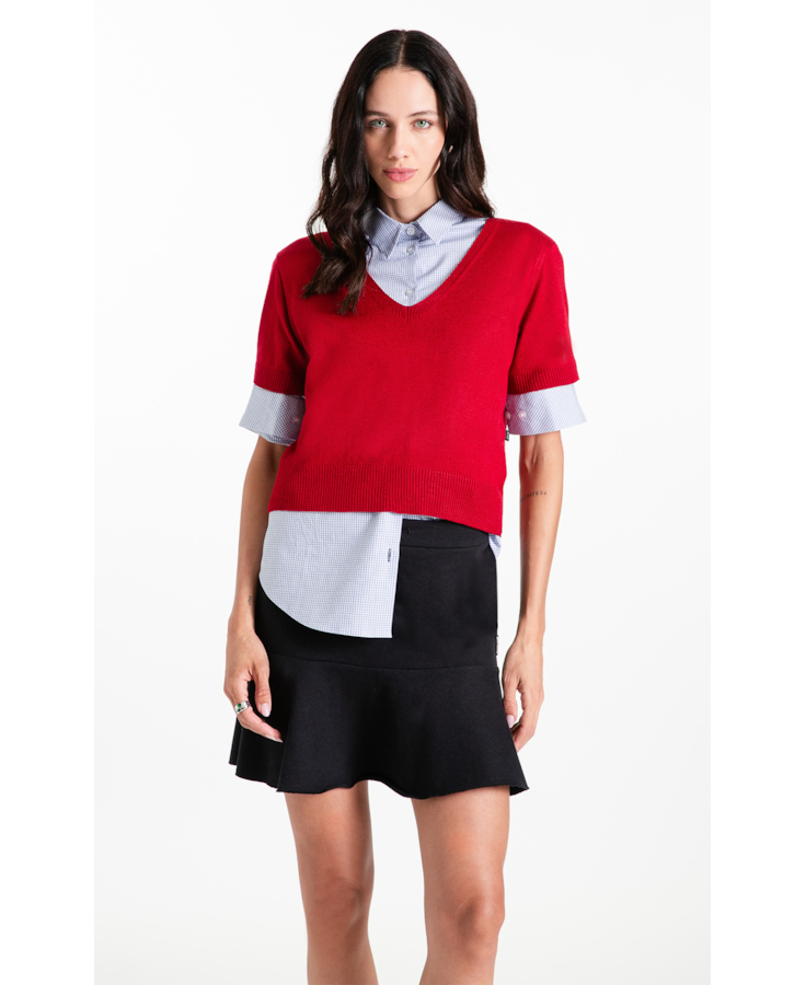  Blusa Tricot Modal Knit Neck Jersey Vermelho